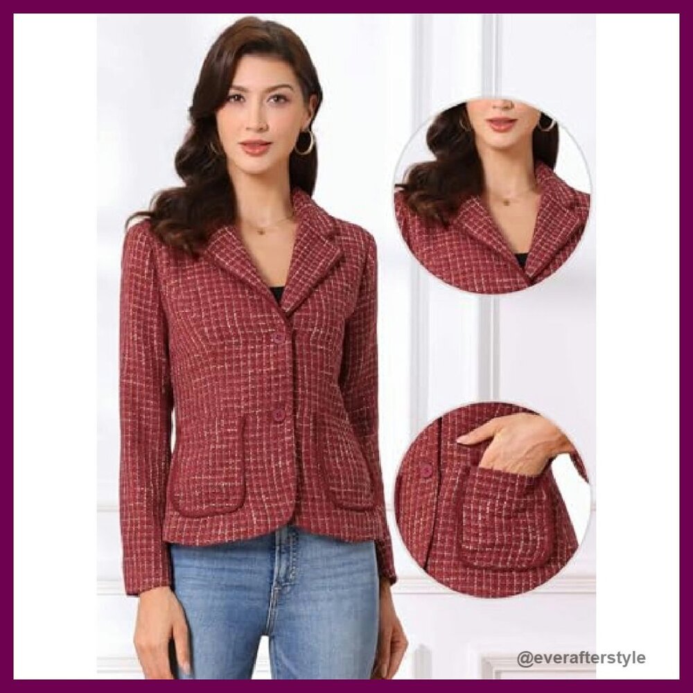 Tweed Blazer Elegant Business Casual Jacket Notch Lapel Long Sleeve - Picture 3 of 6